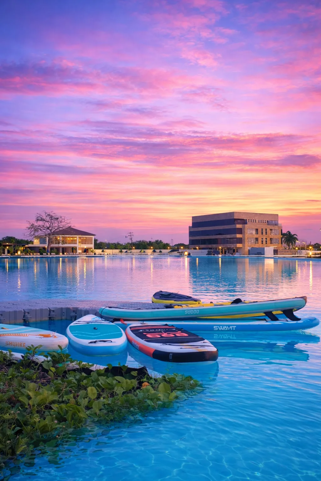 Tablas de paddleboard en la laguna al atardecer — Bahía Serena Cartagena